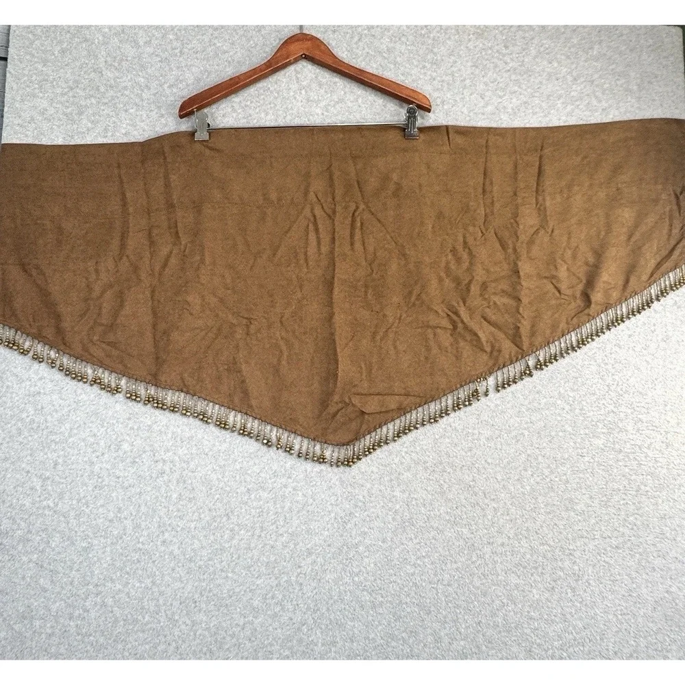 Vintage Faux Suede Beaded Curtain Valance Panels Set of 2 Brown Wood Bead Fringe